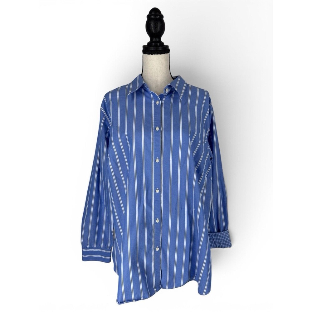 Chaps No Iron Blouse Periwinkle Blue Stripe 100% Cotton No Iron Contrast Cuff 2X